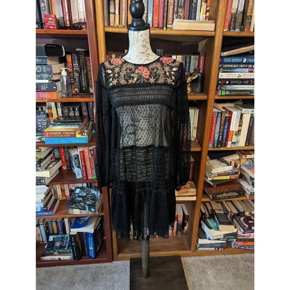 Maeve Anthropologie Small Black Long Sleeve Lace Dress Floral Embroidered Neck